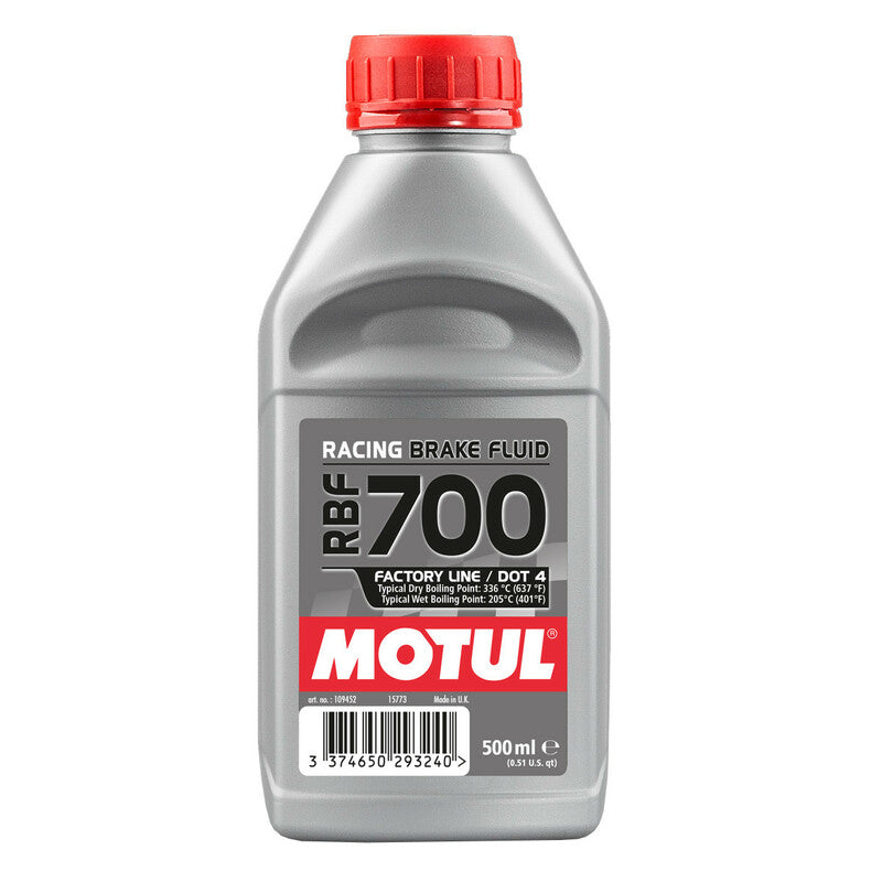 Motul RBF 700 Racing Bremsflüssigkeit Dot 4, 500ml Flasche für Hochleistungs-Bremssysteme, sichtbare Verpackung.