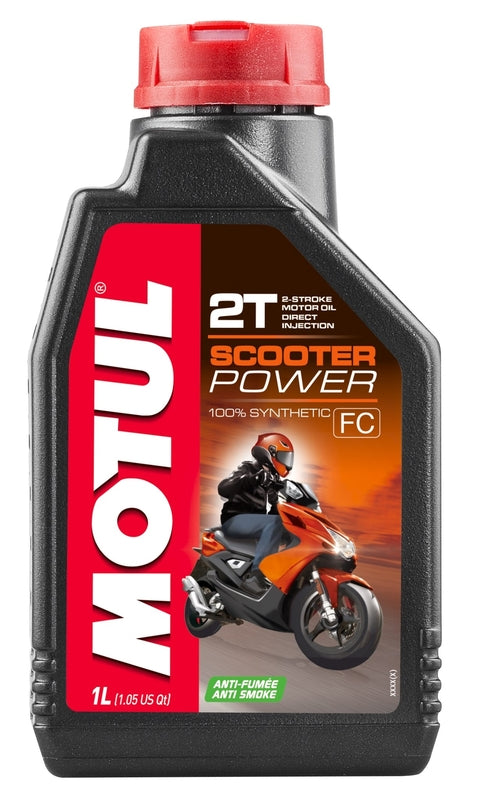 MOTUL Scooter Power 2T Motorenöl in 1-Liter-Flasche, hochwertiges 2-Takt-Öl für Scooter und Motorräder, klare Flüssigkeit im Behälter