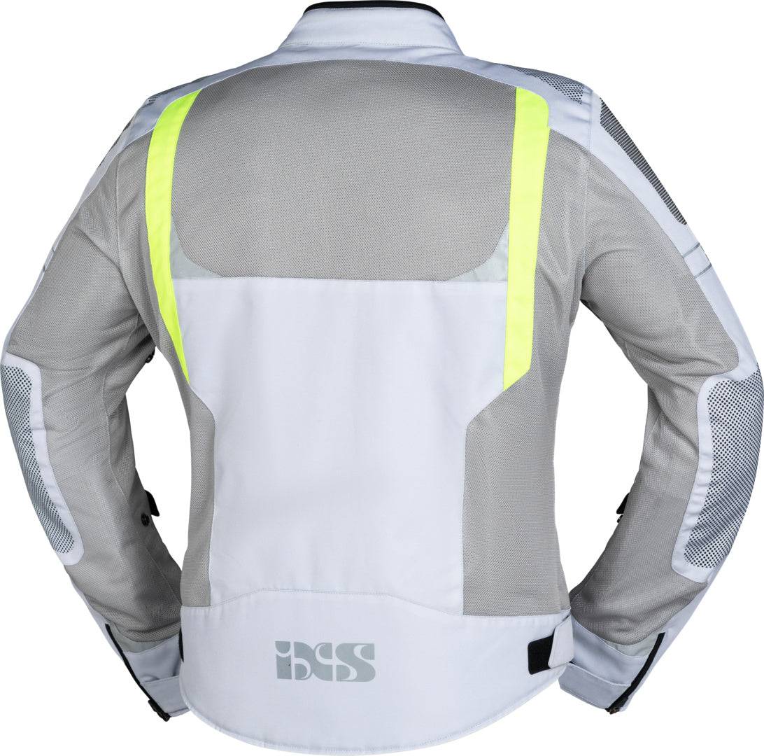Hellegraue und neon gelbe iXS Sport Jacke Trigonis-Air mit Touring-Design, sichtbar auf einem Modell.