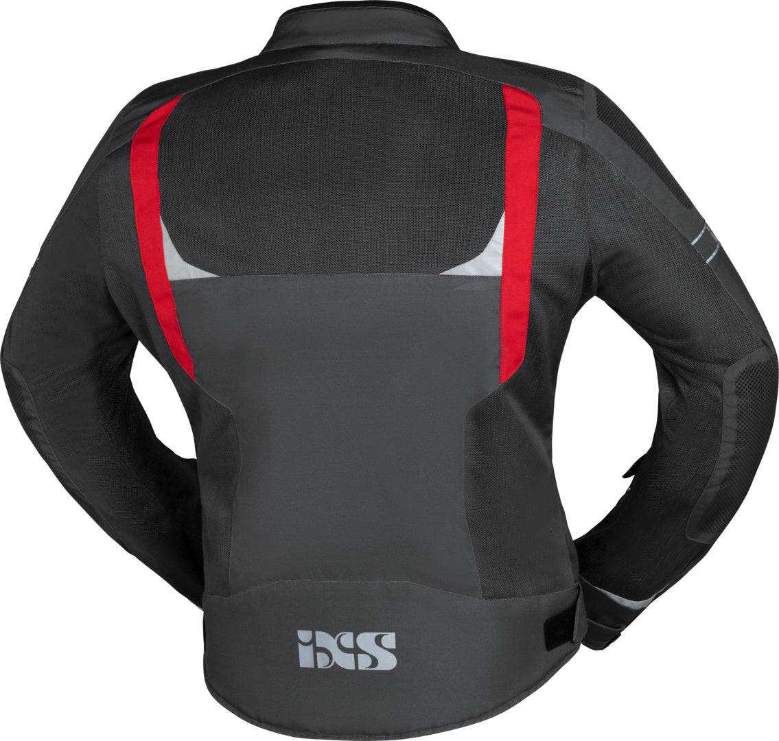 Dunkelgraue und rote iXS Sport Jacke Trigonis-Air für Touren, wetterfeste Motorradjacke mit atmungsaktivem Material, seitliche Taschen