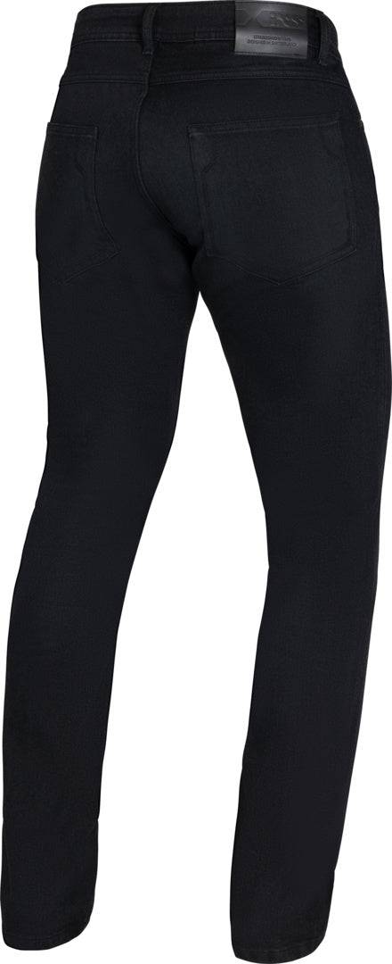 Schwarze iXS Classic AR Jeans Clarkson, robuste Herren-Jeans im klassischen Stil, auf dem Boden liegend.