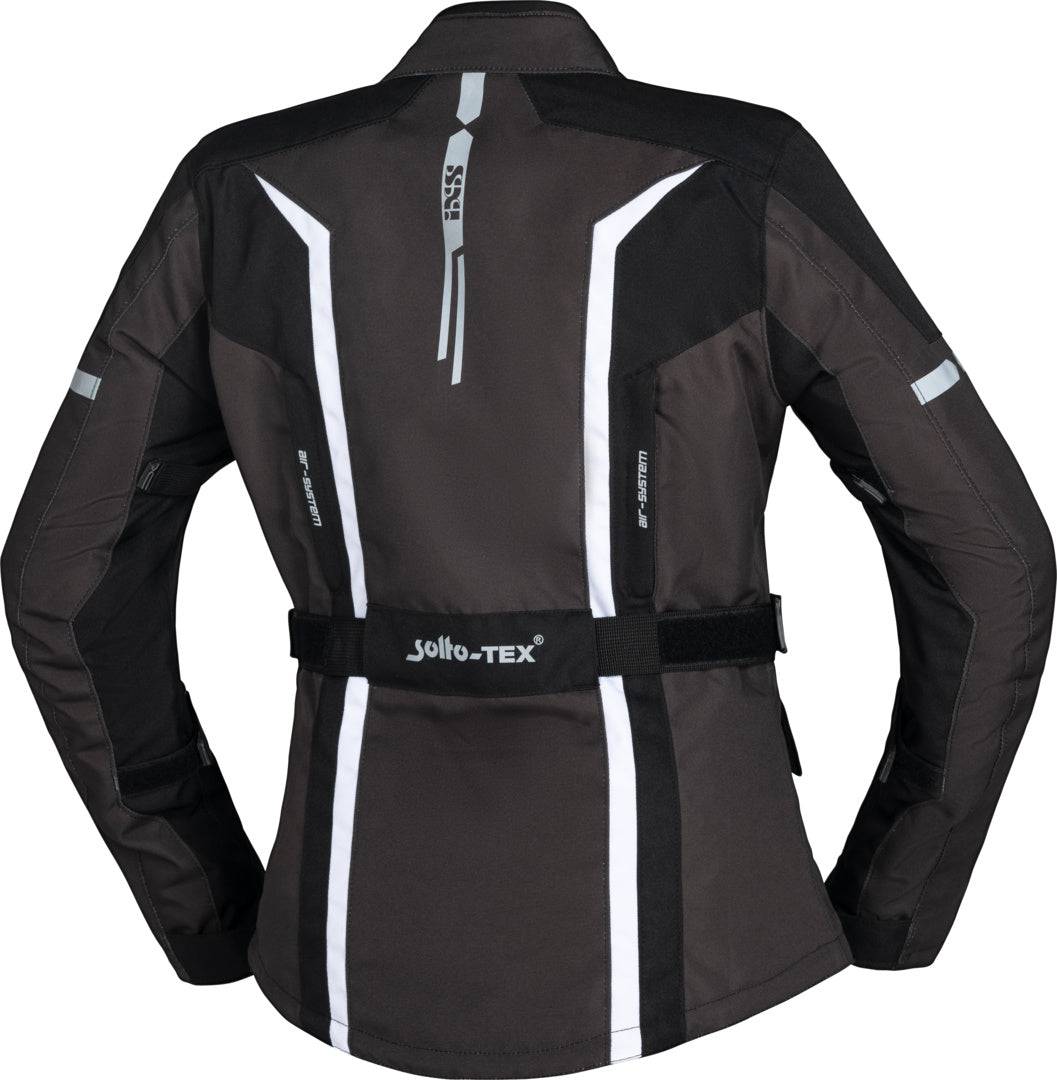 Schwarze, grau-weiße Damen-Adventure Jacke iXS Tour Evans-ST 2.0 mit Reißverschlüssen und reflektierenden Details