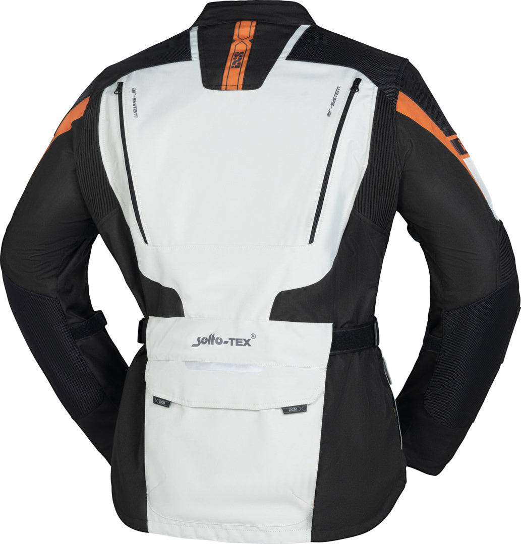 Schwarze und hellgrau-braune iXS Tour Adventure Jacke Lennik-ST mit Reißverschlüssen und reflektierenden Elementen.