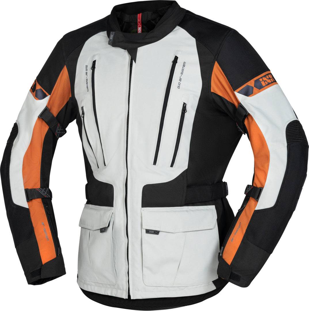 Schwarze und hellgrau-braune iXS Tour Jacke Lennik-ST für Abenteuer, mit strapazierfähigem Stoff und detailliertem Design.
