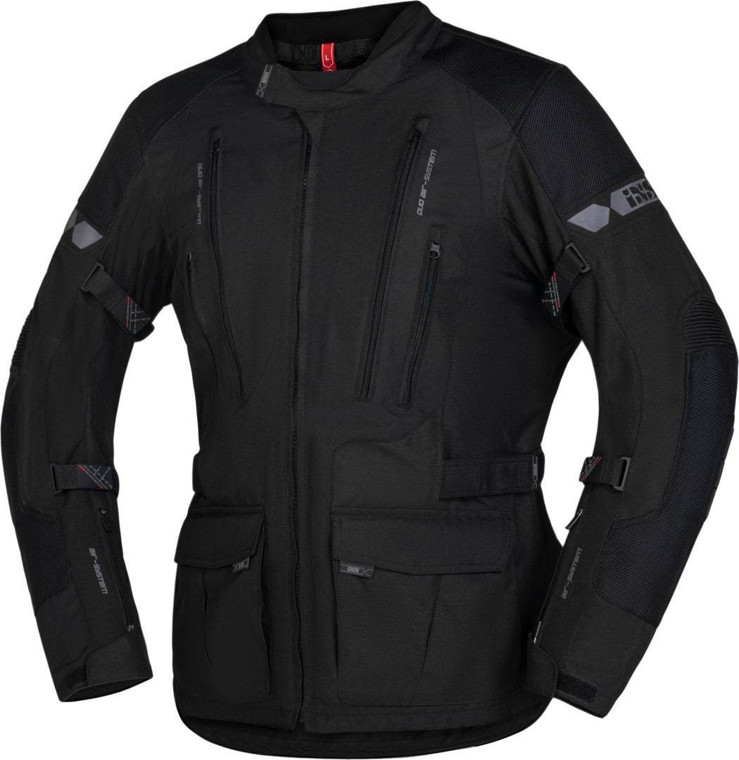 Schwarze iXS Tour Jacke Lennik-ST für Abenteuer, wetterfestes Material, mit Reißverschlüssen und reflektierenden Details