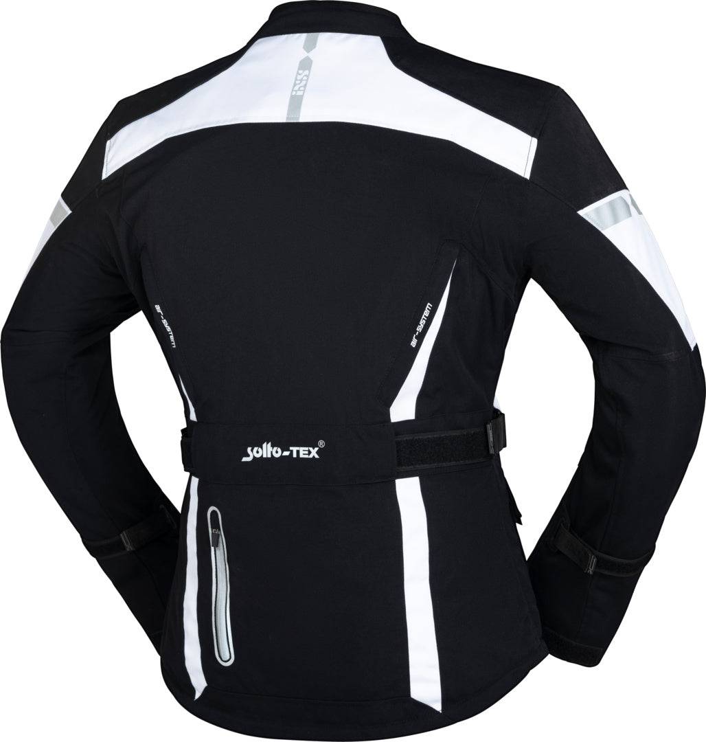 Schwarze und weiße iXS Tour Jacke Pacora-ST für Abenteuer, wetterfest, mit Reißverschlüssen und verstellbaren Details.
