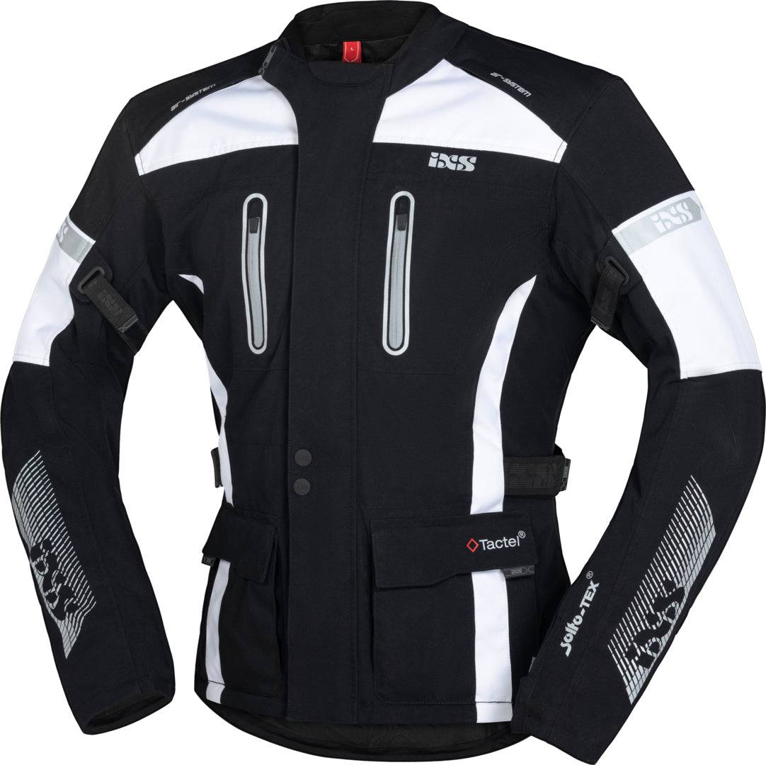 Schwarze und weiße iXS Tour Jacke Pacora-ST für Abenteuer, wetterfeste Outdoor-Jacke mit robustem Design.