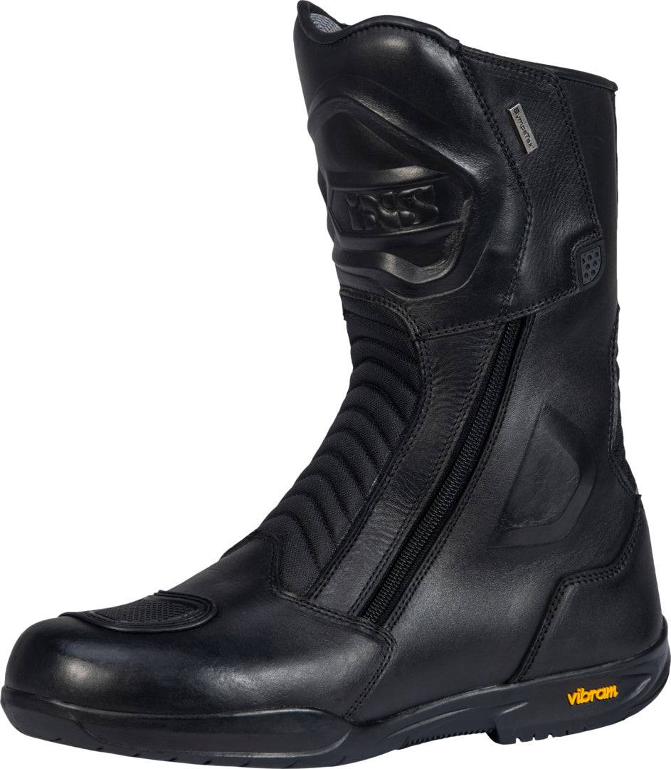 Schwarze iXS Tour Stiefel 2-Zip-SYM 2.0 mit Reißverschluss und robustem Design, ideal für Motorradfahrer.