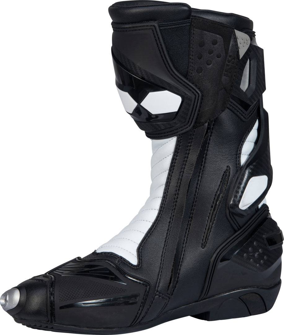 Schwarze und weiße iXS Sport Stiefel RS-1000 aus robustem Material, mit Schnürung und rutschfester Sohle.