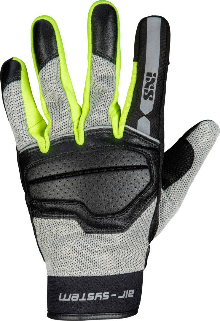Schwarze und hellgraue iXS Classic Handschuhe Evo-Air mit Neon-Gelb-Details für Motorräder, atmungsaktiv und bequem.