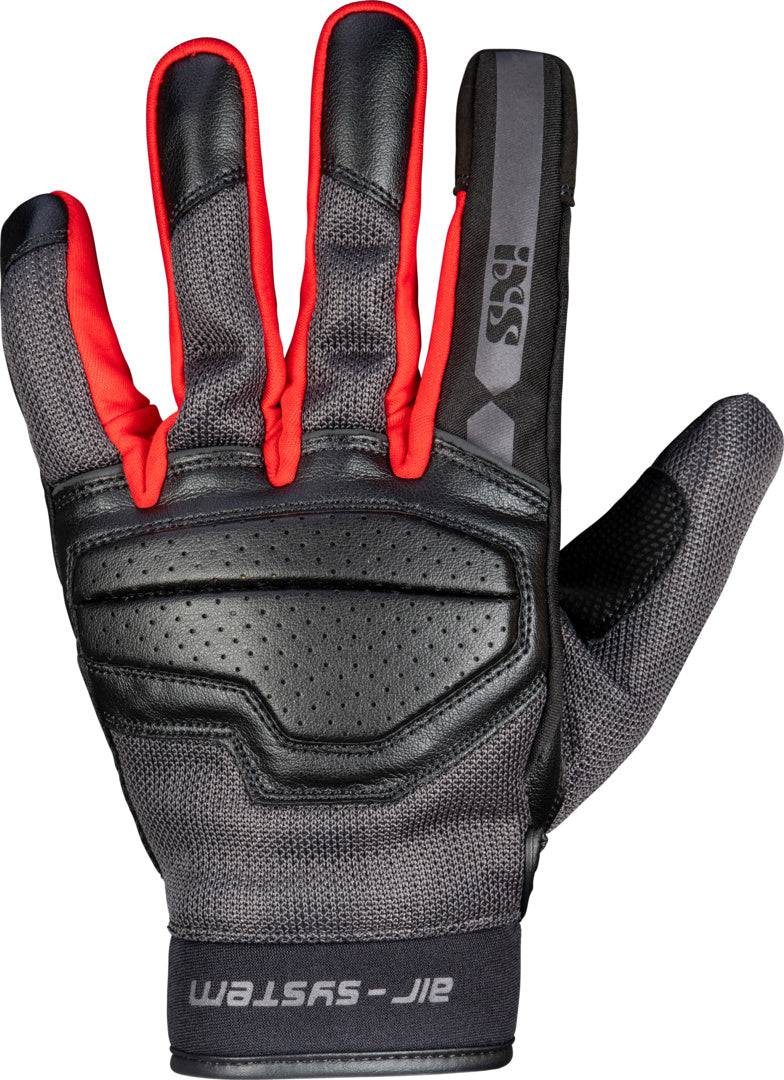 Schwarze und dunkelgraue iXS Classic Handschuhe Evo-Air mit roten Akzenten, atmungsaktives Material, für Motorradsport.