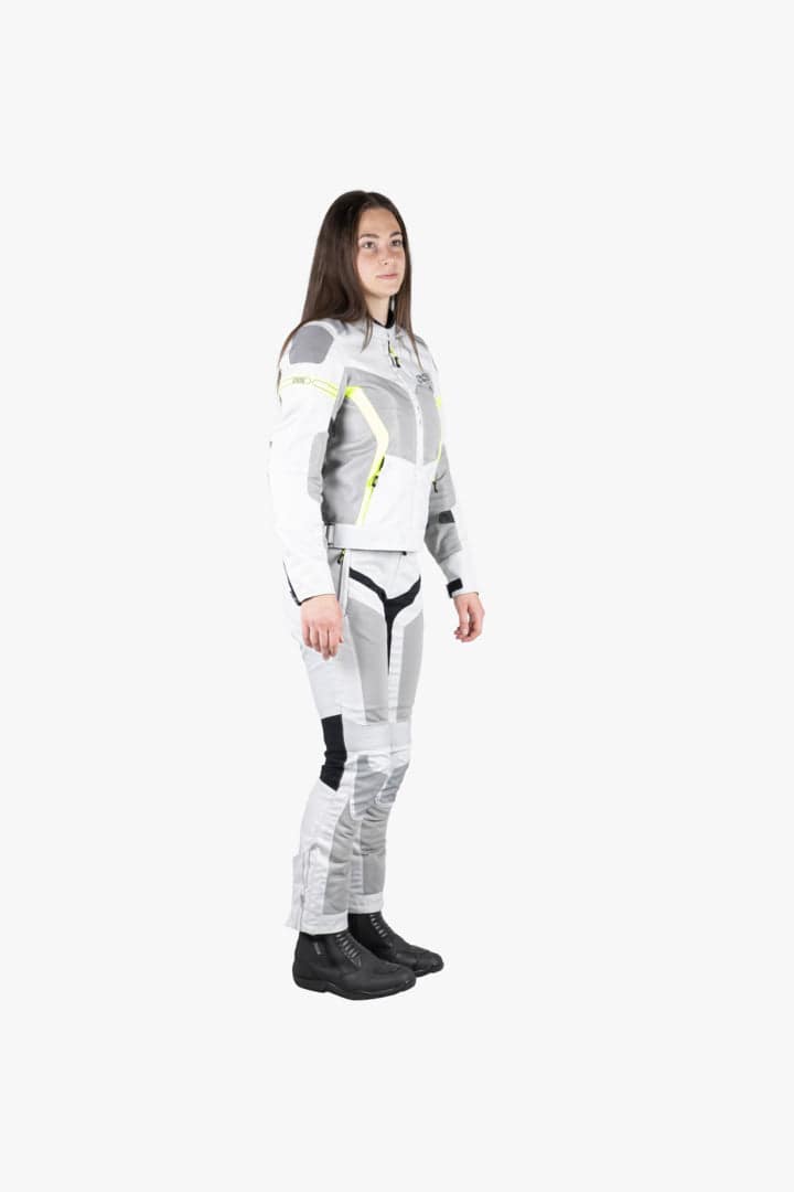 Hellegraue iXS Sport Damen Tourenjacke Trigonis-Air mit Neon-Gelb-Details, wasserdicht und atmungsaktiv für Outdoor-Aktivitäten.