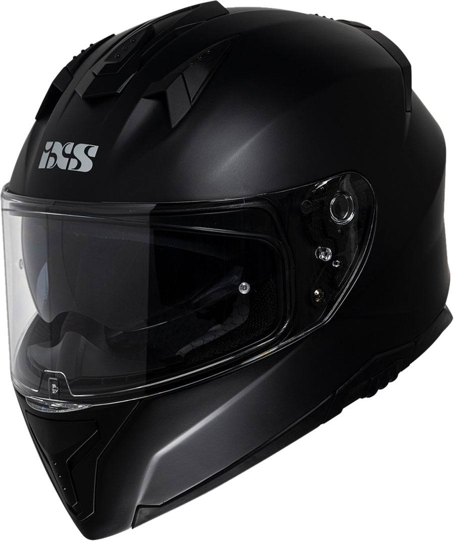Matt schwarzer iXS Integralhelm iXS217 1.0 mit klarem Visier, vollumfänglicher Schutz, für Motorradfahrer.