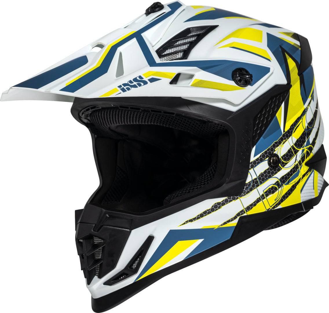 iXS Motocrosshelm iXS363 2.0 in mattem Weiß-Blau-Gelb Fluo mit Visier und Belüftungsöffnungen, sportliches Design