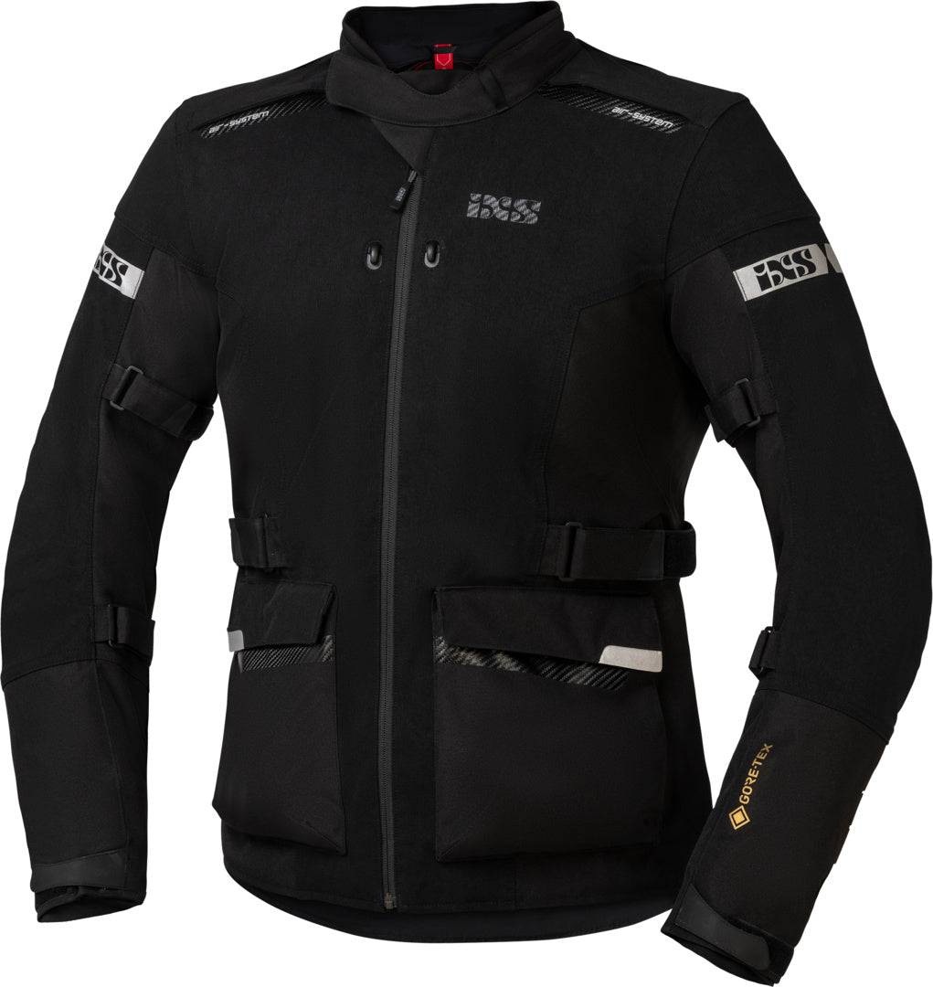 Schwarze iXS Tour Jacke Horizon-GTX für Abenteuer, wasserdicht und atmungsaktiv, zeigt den oberen Teil der Outdoor-Jacke mit Reißverschluss