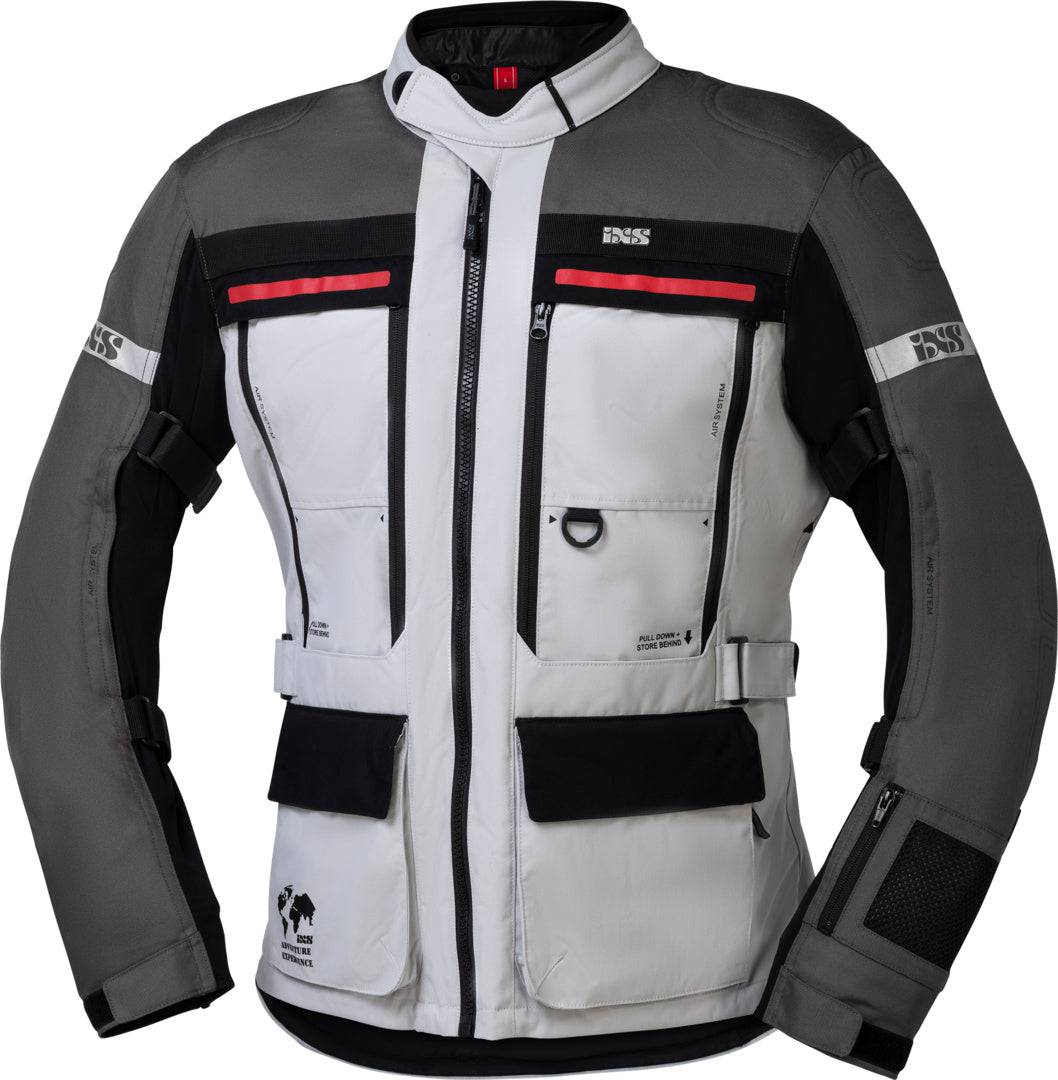 Helle und dunklegraue iXS Tour Adventure Jacke Montevideo-ST 3.0 mit Reißverschluss und mehreren Taschen, für Outdoor-Aktivitäten.