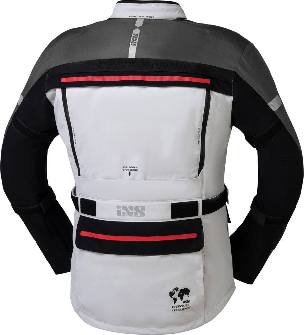 Leichte iXS Tour Jacke Montevideo-ST 3.0 in Hellgrau-Dunkelgrau-Schwarz, wetterfeste Adventure-Jacke für Outdoor-Aktivitäten.