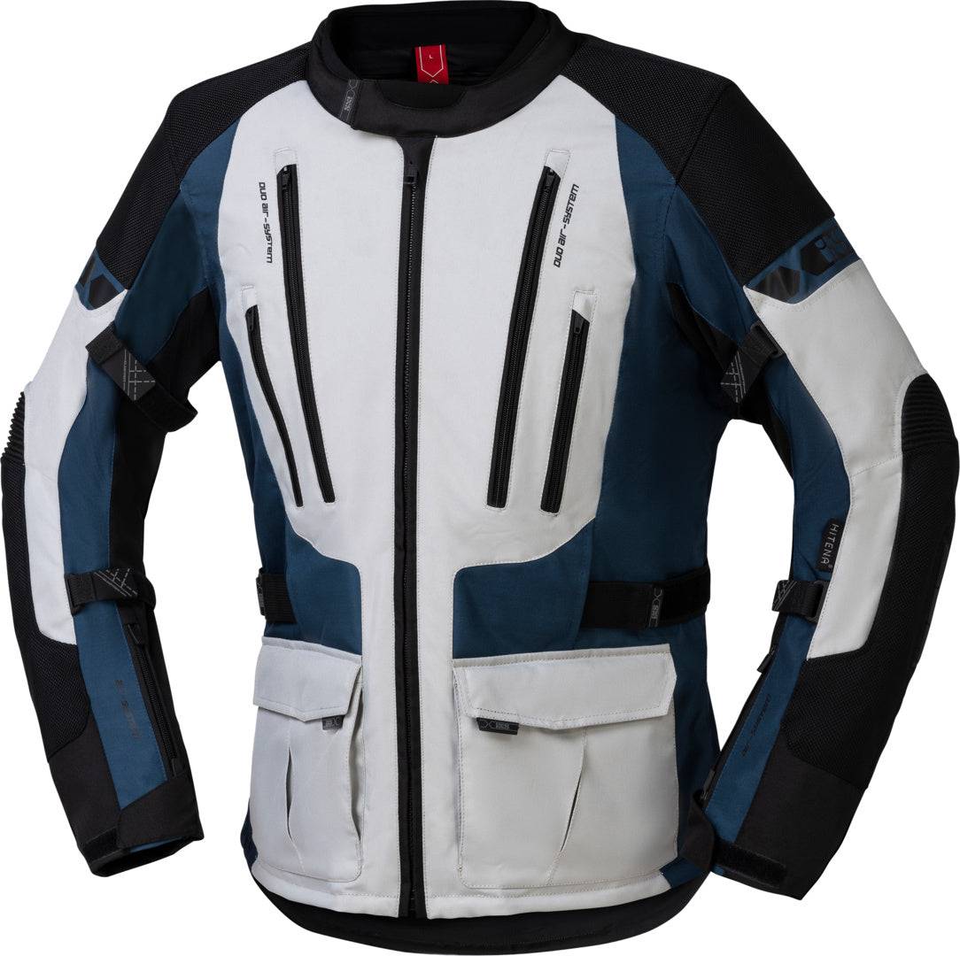 Leichte iXS Tour Jacke Lennik-ST in Hellgrau, Blau und Schwarz für Abenteuer, mit wetterfester Außenhaut und atmungsaktivem Design.