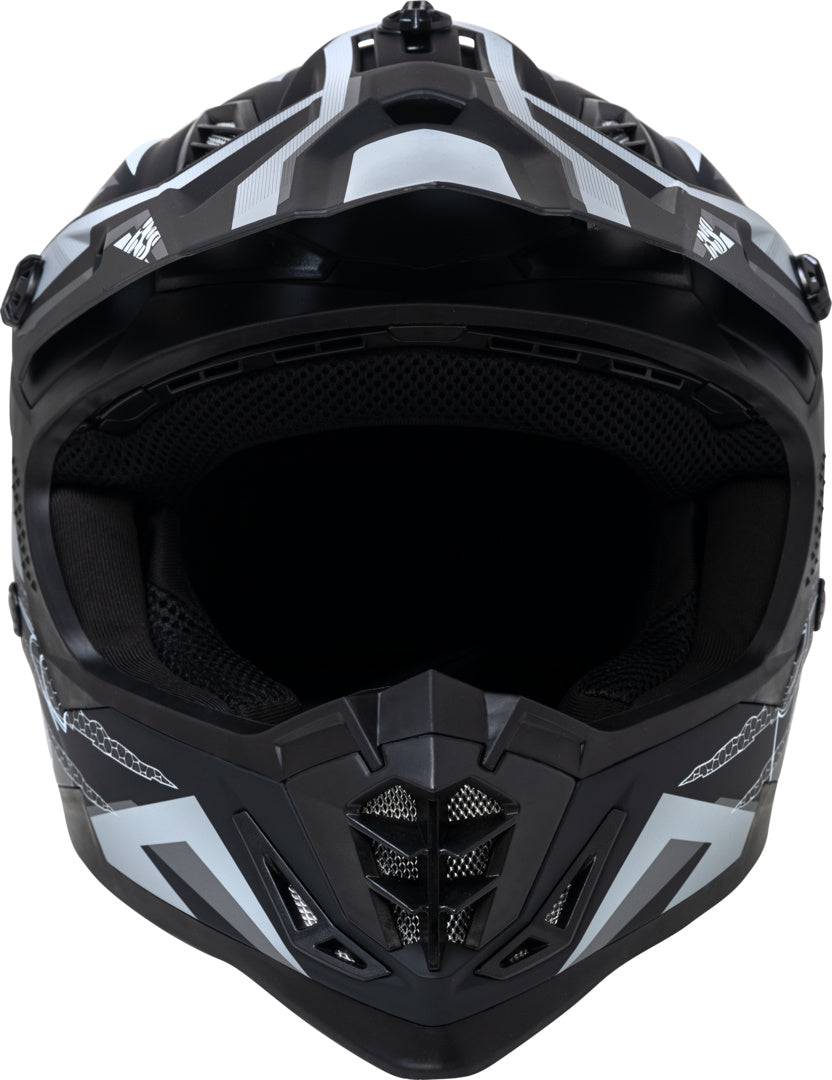 Schwarzer iXS Motocrosshelm iXS363 2.0 in matt schwarz, anthrazit und weiß mit Visier und Belüftungsöffnungen.