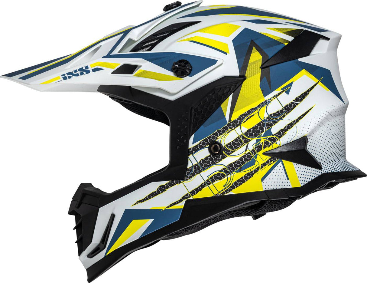 iXS Motocrosshelm iXS363 2.0 in mattem Weiß-Blau-Gelb Fluo, mit Visier und Belüftungsöffnungen, für sicheren Schutz beim Cross.