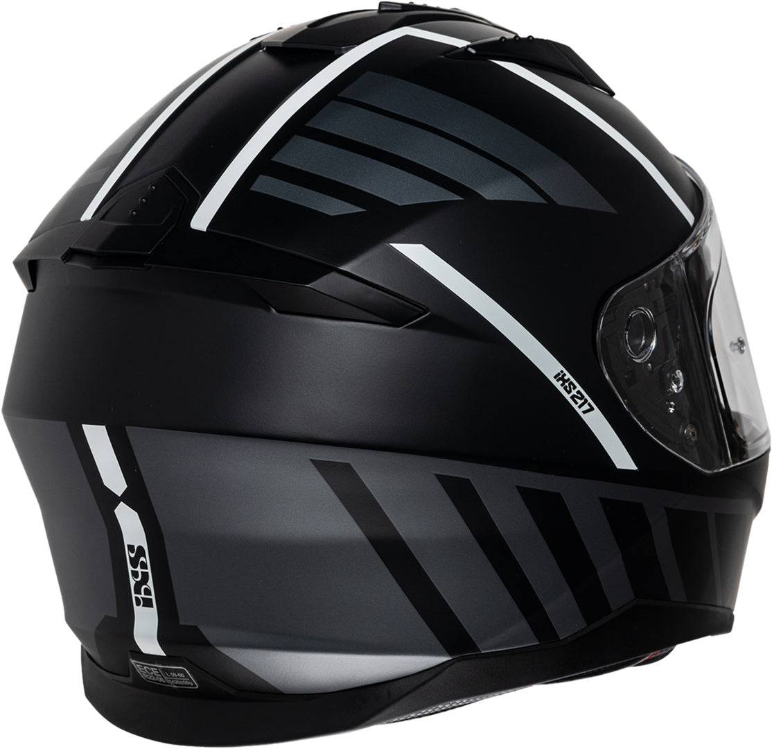 Schwarzer und weißer iXS Integralhelm iXS217 2.0 mit matt Finish, Sichtfeld und Belüftungsöffnungen, sicherer Schutz für das Motorrad.