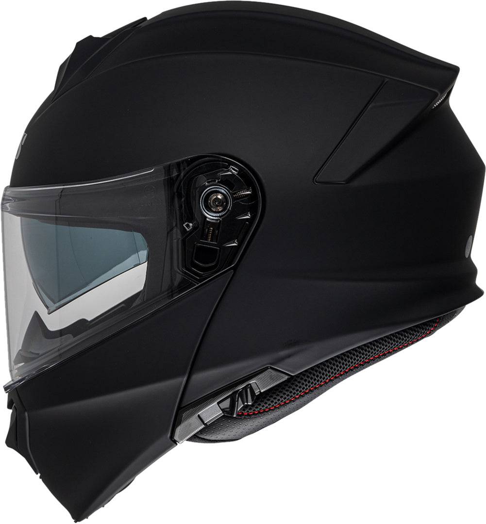 Schwarzer iXS Klapphelm iXS301 1.0 in mattem Finish, geöffnet, mit Sichtfenster und Belüftungsöffnungen, auf weißem Hintergrund