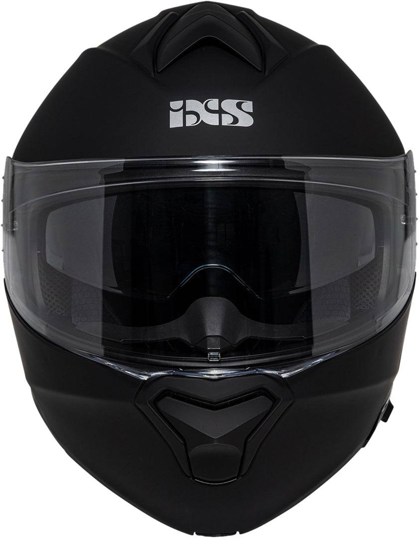 Schwarzer iXS Klapphelm iXS301 1.0 in mattem Finish, mit klappbarem Visier auf einem weißen Hintergrund.