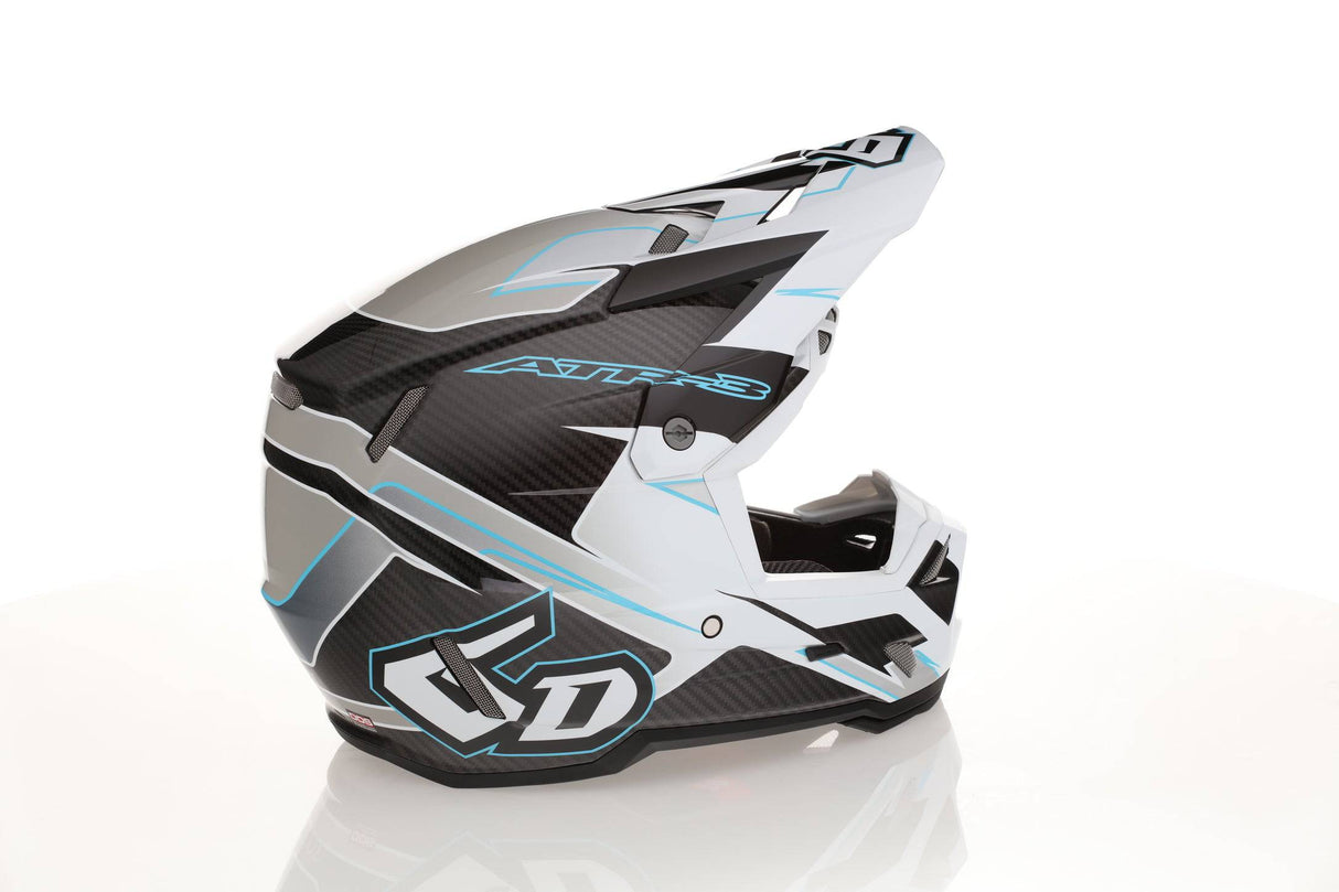 Weißer 6D ATR-3 Reflex Gloss Motocrosshelm mit Schutzvisier und Belüftungsöffnungen, modernes Design, seitliche Markierungen.