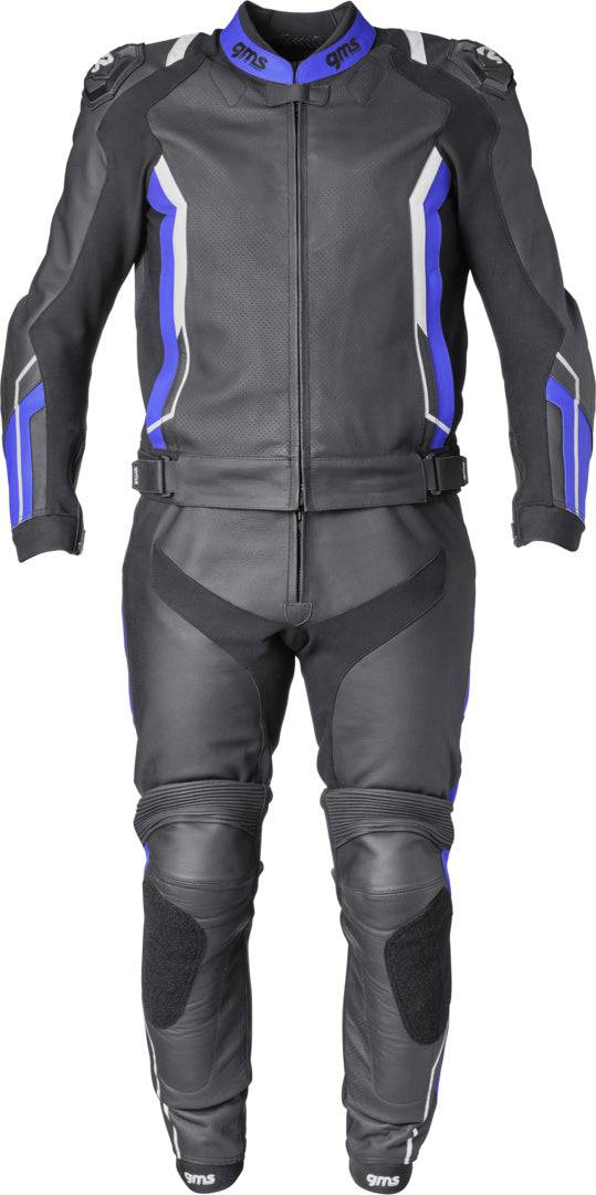 Gms Lederkombi GR-1 2-teilig in schwarz-blau-weiß, enganliegendes Motorradlederanzug mit Protektoren, Blick auf Details und Material.