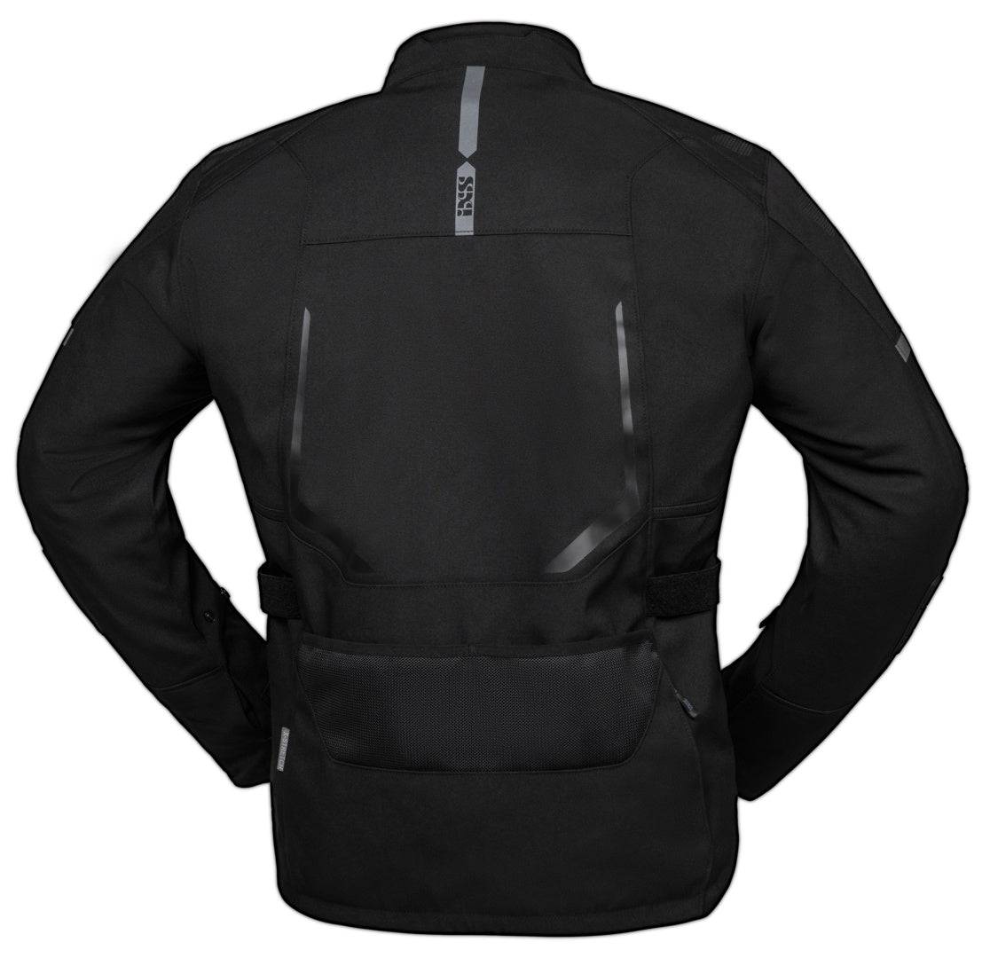 Schwarze iXS Tour Jacke Lennox-ST für Adventure, mit sichtbaren Reißverschlüssen und strapazierfähigem Material.