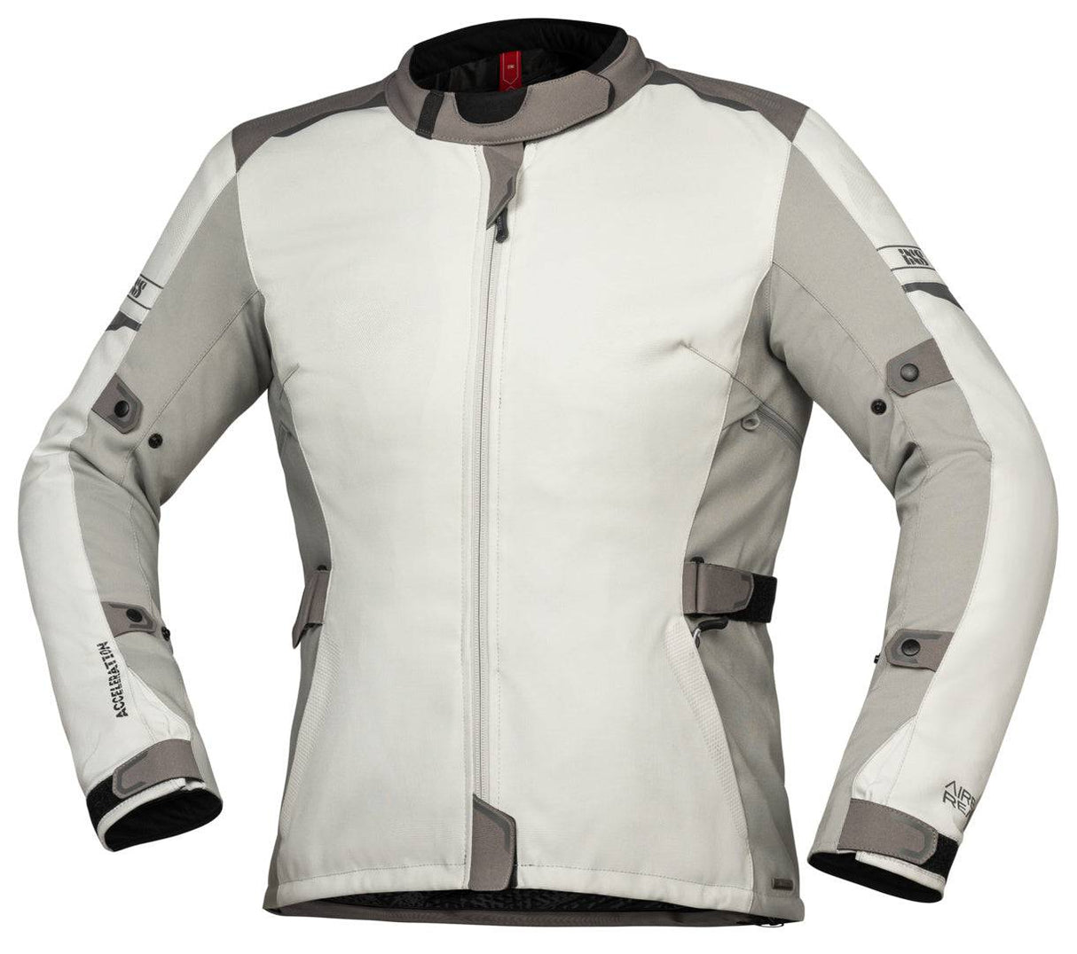 Graue Damen Adventure Jacke von iXS Tour Lane ST mit Reißverschluss, Taschen und strapazierfähigem Material.