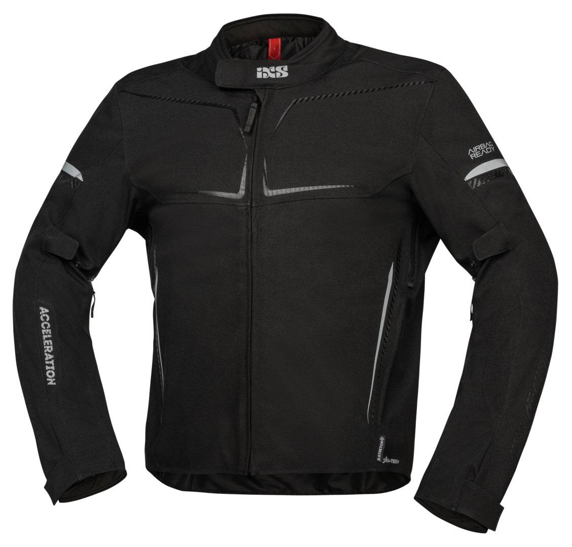 Schwarze iXS Sport Jacke TS-Pro ST+ für Touring, mit reflektierenden Elementen und robustem Material, auf einem Kleiderbügel.