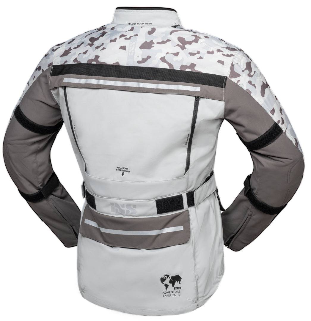 Leichte iXS Tour Jacke Montevideo-Air 3.0 im Camouflage-Design in Hellgrau, perfekte Adventure-Bekleidung für unterwegs.