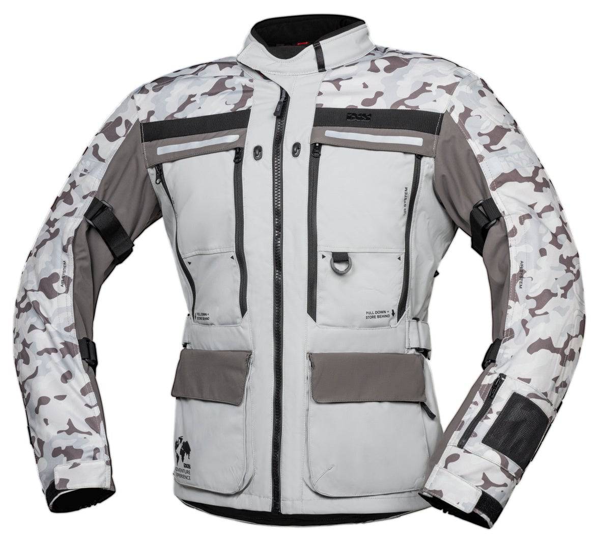 Leichte iXS Tour Jacke Montevideo-Air 3.0 im Camouflage-Design in Hellgrau, für Abenteuer und Outdoor-Aktivitäten.