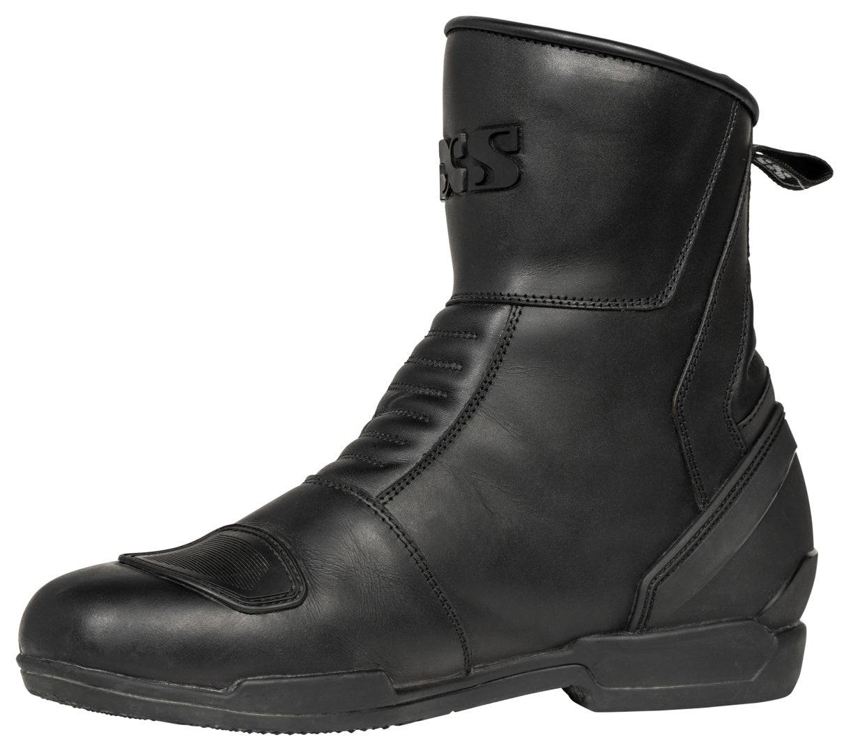 Schwarze iXS Tour Stiefel Pace-ST 2.0 mit robustem Design, Schnürung und strapazierfähigem Material für Motorradfahrer.