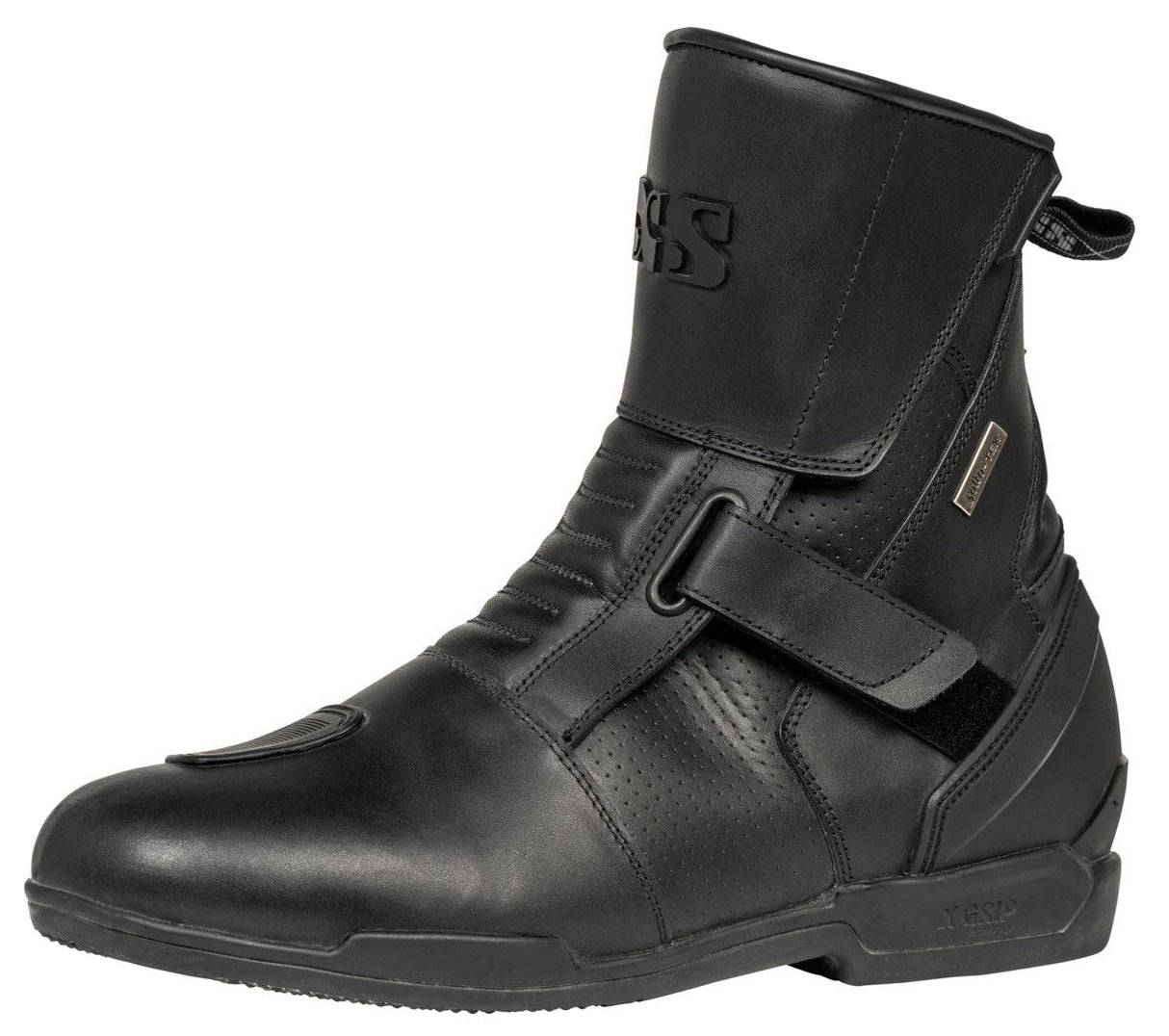 Schwarze iXS Tour Stiefel Pace-ST 2.0, robuste Motorradhandschuhe mit knöchelgeschütztem Design.