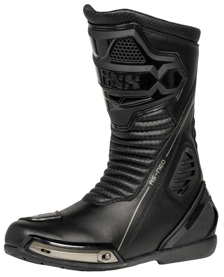 Schwarze iXS Sport Stiefel RS-Neo mit robustem Design und Schnürverschluss, geeignet für sportliche Aktivitäten.