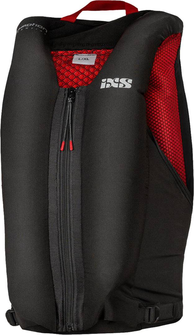 Schwarze iXS Airbag Weste IPRO 1.0 mit sichtbarem Airbag-Design und reflektierenden Elementen, für sicheren Fahrradschutz.