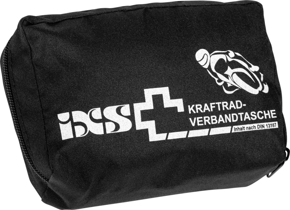 iXS Motorradverbandstasche für Freizeitbekleidung, schwarze Tasche mit Reißverschluss und reflektierenden Elementen, auf einer Motorradjacke.