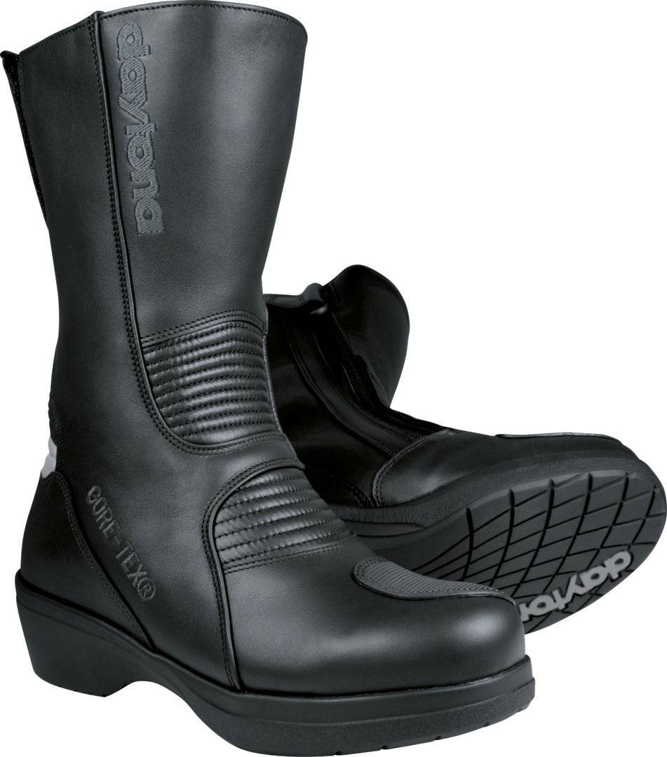 Schwarze Daytona Lady Pilot GTX Stiefel aus Leder mit Schnallen und robustem Profil für Damen.