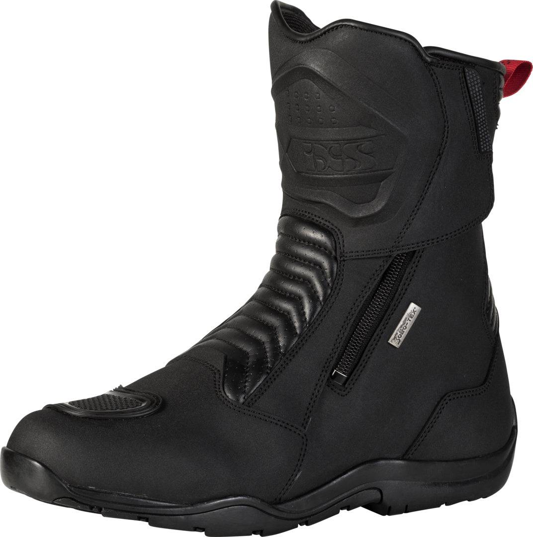 Schwarze iXS Tour Stiefel Pacego-ST mit robustem Design und Schnürung, geeignet für Motorradfahrer.
