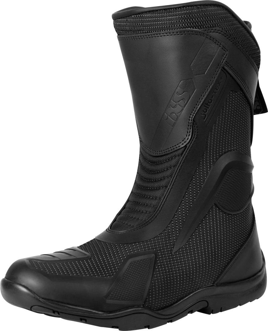 Schwarze iXS Tour Techno-ST+ Stiefel mit robustem Design und schnalle, geeignet für Motorradtouren.