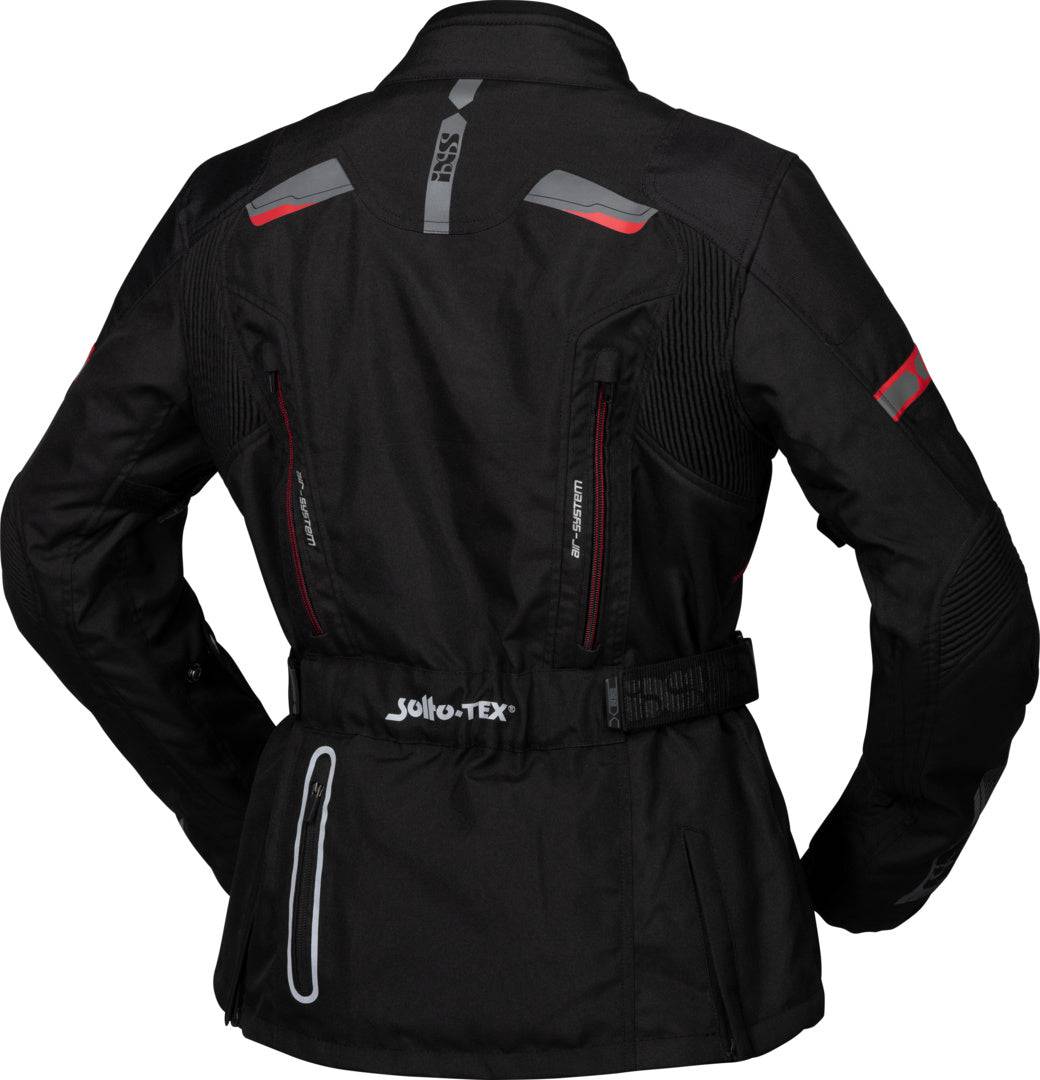 Schwarze und rote Damen-Adventure-Jacke von iXS mit Kapuze und Reißverschluss, geeignet für Outdoor-Aktivitäten.