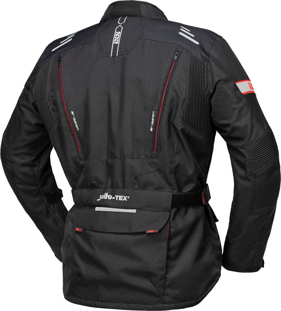 Schwarze und rote iXS Tour Jacke Lorin-ST für Abenteuer, wetterfeste Jacke mit robustem Material und funktionellem Design.