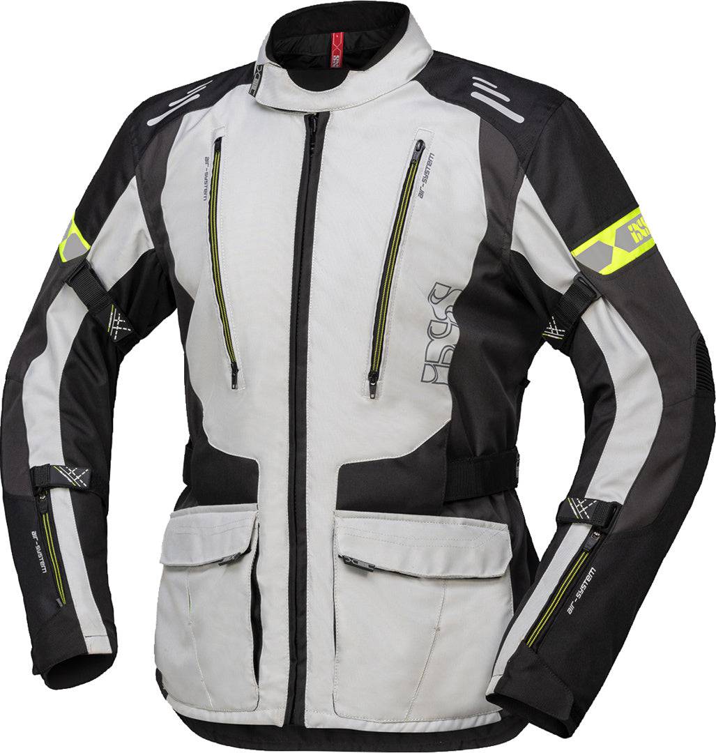 Graue, schwarze und gelbe neonfarbene iXS Tour Jacke Lorin-ST für Abenteuer, atmungsaktiv und strapazierfähig, mit reflektierenden Elementen