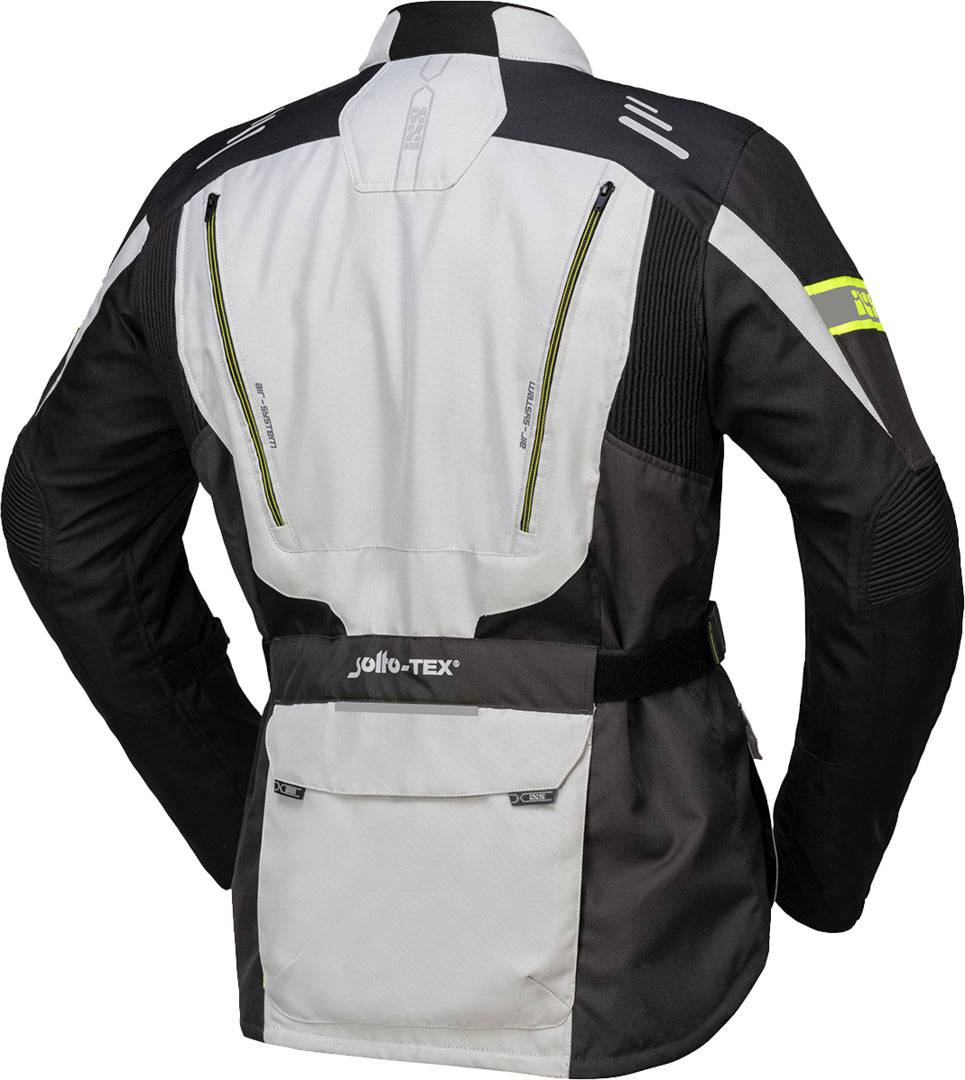 Graue, schwarze und gelbe Neon-iXS Tour Adventure Jacke Lorin-ST mit reflektierenden Elementen und wasserdichtem Material.