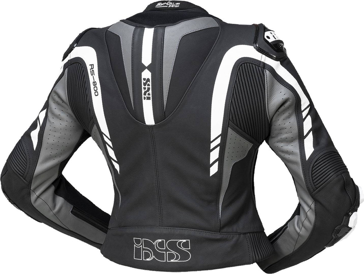 iXS Sport LD Damen Lederkombi RS-800 1.0, 2-teilig in schwarz-grau-weiß, zeigt Ober- und Unterteile der sportlichen Motorrad-Kombi