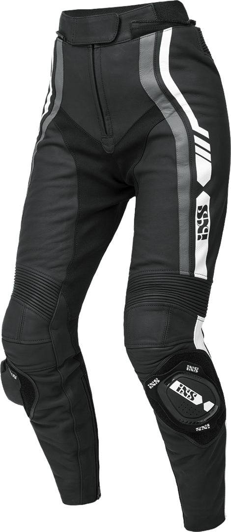 Schwarze, graue und weiße Damen-Lederkombi von iXS Sport LD RS-800 1.0, zweigeteilt, mit sportlichem Design.