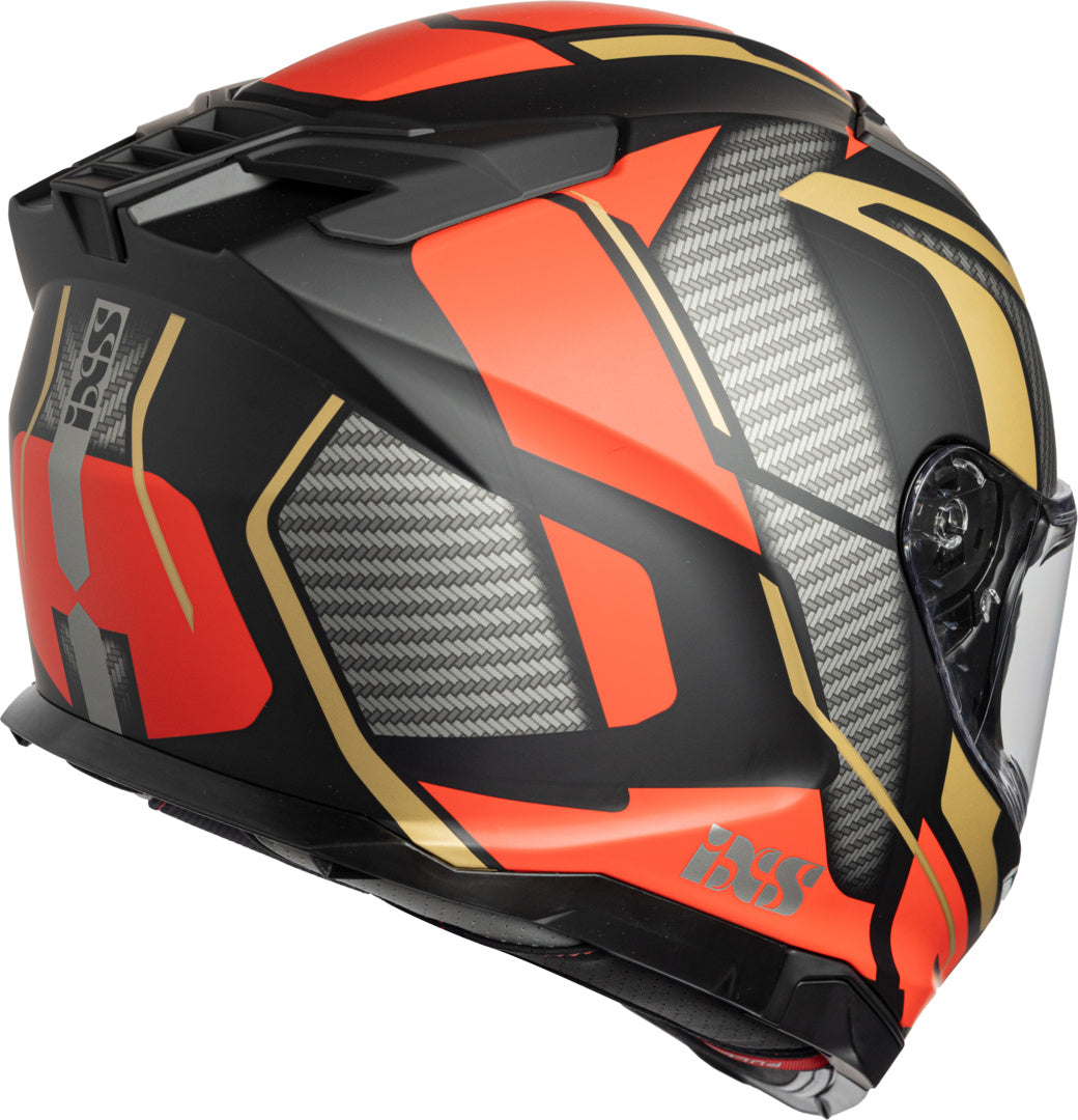 iXS Integralhelm iXS912 SV 2.0 Blade in mattschwarz-rot, mit Visier und Belüftungsöffnungen, auf einem Motorradhelm.