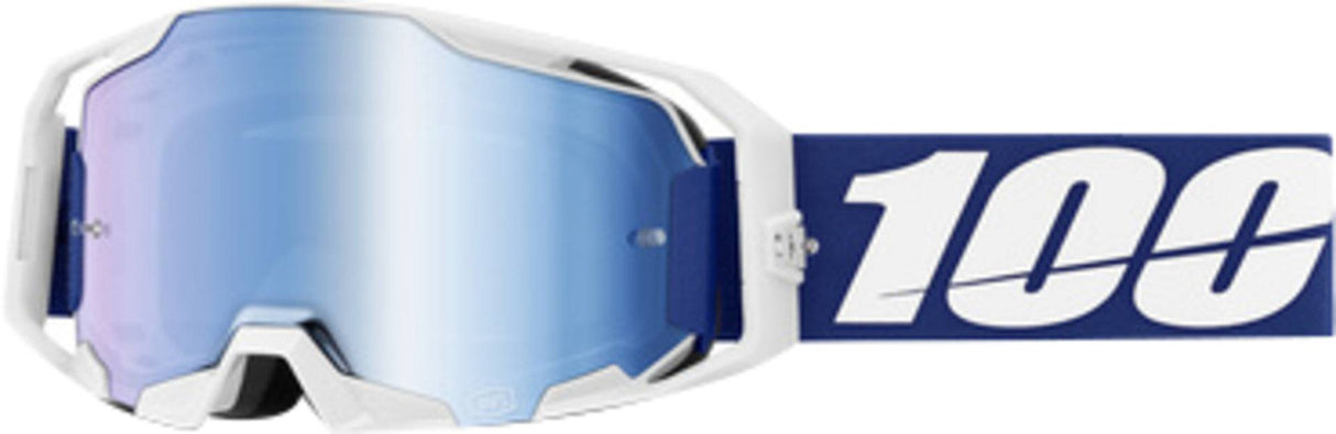 Motocrossbrille 100Percent ARmatic Blue mit blauer Spiegel-Linse, strapazierfähiges MX-Brillen-Design und verstellbarem Kopfband.